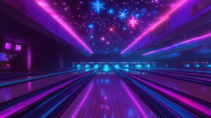 Neon-Lit Bowling Alley with Glowing Stars. AI generated illustration