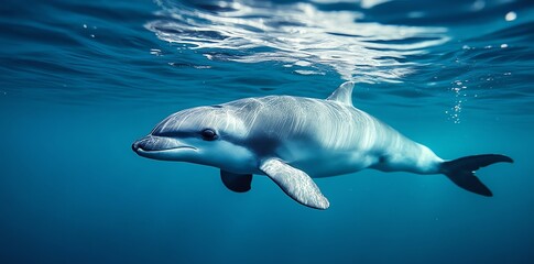Fototapeta premium A lone dolphin swims in clear blue water with the surface above.