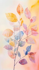 Watercolor pastel leaves, muted colors, colorful pastels, light pink and yellow background