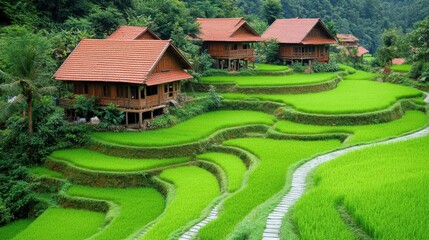 Obraz premium Traditional Himalayan Villages Surrounded by Green Rice Fields