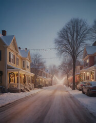 Fototapeta premium Snow-covered neighborhood with festive lights and Christmas decorations under a twilight sky