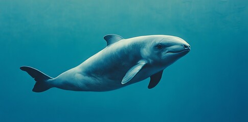 Fototapeta premium A single dolphin swims through the blue water with its dorsal fin and tail visible.