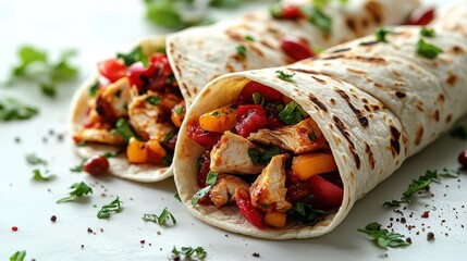 delicious taco with chicken wrapped in a soft tortilla, beautifully arranged on a pristine white background, showcasing vibrant colors and mouthwatering appeal, perfect for food photography