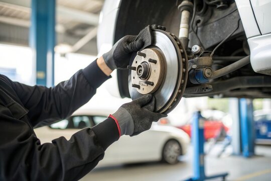 A skilled mechanic is carefully installing a brake rotor on a vehicle at an auto repair facility. The workspace is well equipped, with multiple cars visible in the background, showcasing an active rep
