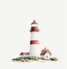 A picturesque lighthouse standing tall by the shore, surrounded by rocks and a charming cottage, evoking a sense of tranquility and guidance.