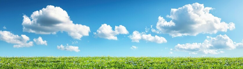 Bright blue sky with fluffy white clouds over a lush green field, creating a serene and picturesque landscape for relaxation and inspiration.