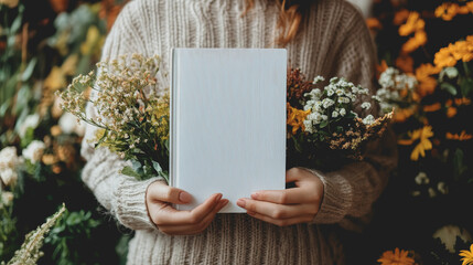 Hands Holding a Blank White Book Surrounded by Flowers in a Cozy Setting, Ideal for Mockup Presentation or Design Projects