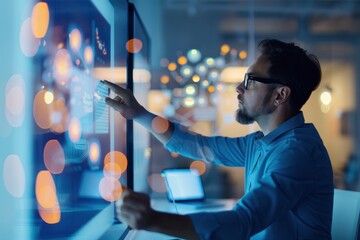 Man analyzing data on interactive screen in modern office