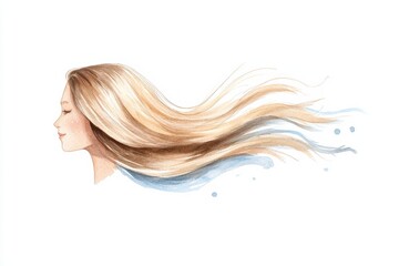 Fototapeta premium Elegant watercolor illustration of a woman with flowing hair, capturing beauty and grace in a minimalist style against a white background.