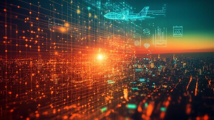 A digital plane flies over a city skyline with glowing circuitry and digital icons.