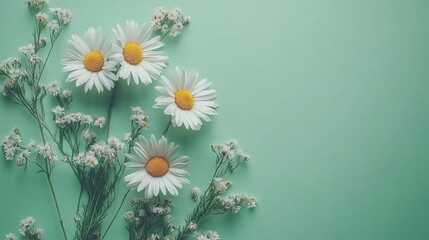 Floral Flat Lay with Daisies and Chrysanthemums on Pastel Green. AI generated illustration