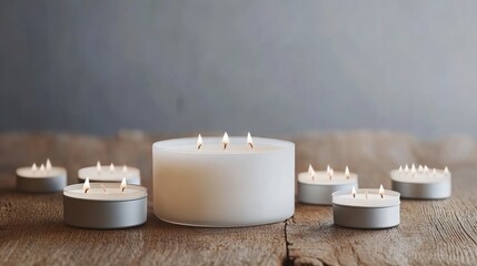 A serene arrangement of lit candles on a wooden surface, creating a calming atmosphere.