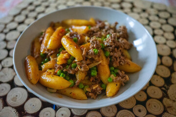 Plate of gnocchi with minced meat and green peas served on a patterned placemat.