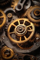 A macro photograph of intricate clock gears and cogs interlocking together. The metallic textures are highlighted in antique gold and bronze tones, showcasing the craftsmanship.