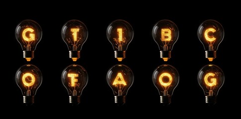 Glowing Light Bulbs with Innovative Ideas on a Black Background. AI generated illustration
