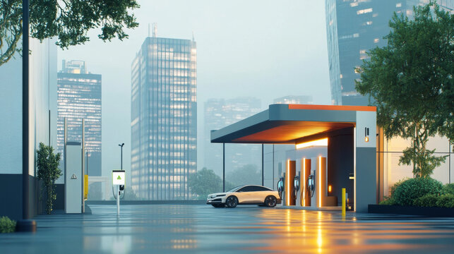 Futuristic Electric Car Charging Station with Sleek City Backdrop in Clean Energy