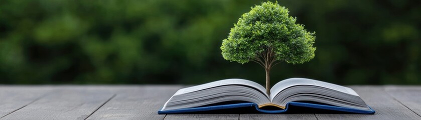 An open book with a green tree growing from its pages, symbolizing knowledge, nature, and sustainability in education and growth.