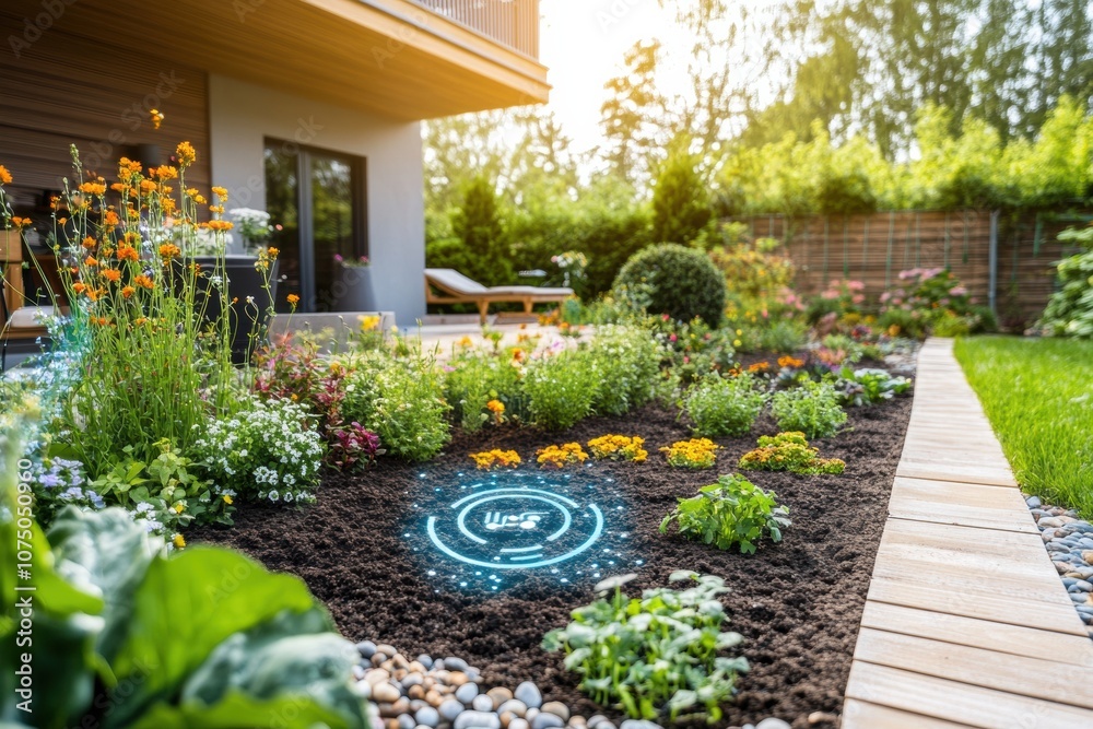 Poster a vibrant smart garden features flourishing plants with automated sprinklers and soil sensors, promo