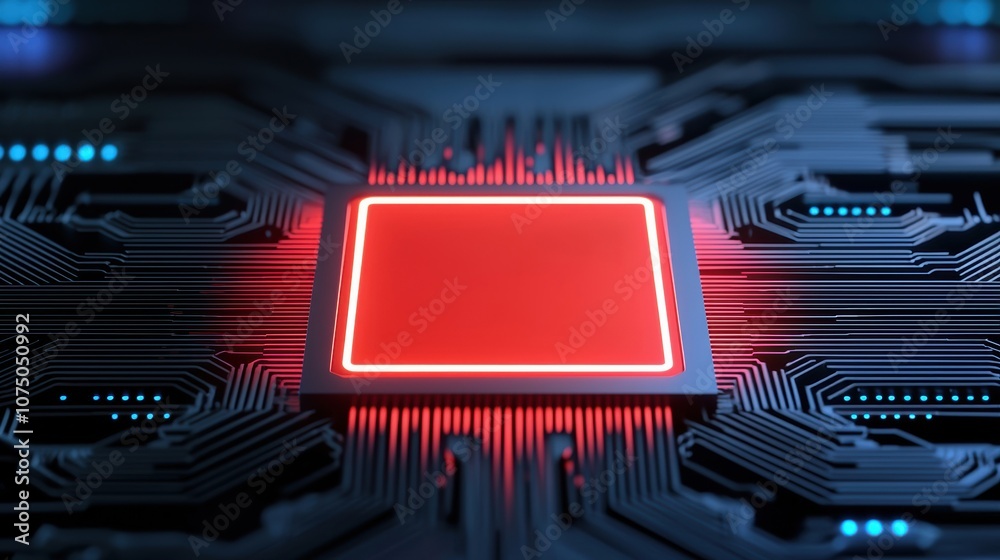 Poster close-up of a futuristic microchip with glowing edges on a complex circuit board, symbolizing advanc