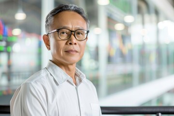 Obraz premium Senior Asian businessman wearing glasses and white shirt standing confidently in a contemporary office with blurred background lights.