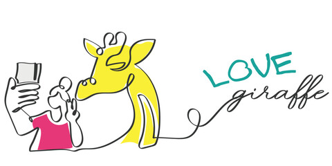 Hand drawn line art vector of a girl posing for a selfie with her giraffe friend. Love Giraffes. Protect Wild life concept art.