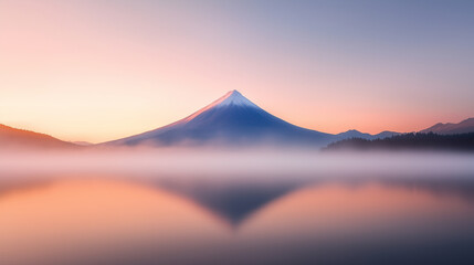Majestic mountain peak reflecting in calm water at sunrise, surrounded by mist and soft pastel colors. serene landscape evoking tranquility and natural beauty.