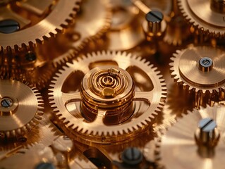 A macro photograph of intricate clock gears and cogs interlocking together. The metallic textures are highlighted in antique gold and bronze tones, showcasing the craftsmanship.