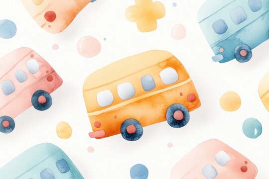 Cheerful watercolor illustration featuring colorful retro buses on a soft background, perfect for children's designs and playful themes.