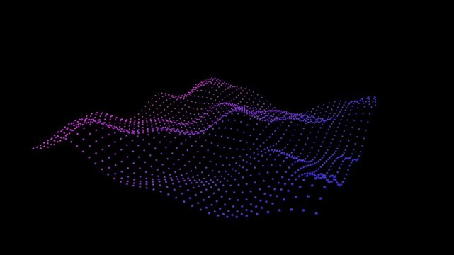 A mesmerizing 3D wave visualization rendered with glowing dots in purple and blue gradient colors against a black background, creating a flowing digital landscape effect.