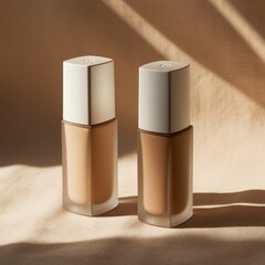 two square- shaped foundation bottles on a textured beige surface, casting natural shadows.