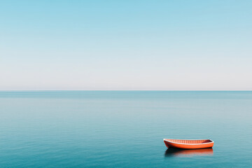 Naklejka premium A tranquil scene featuring a solitary orange boat on calm blue waters.