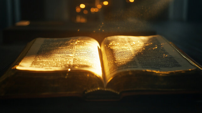 Close view of an open Bible, golden letters softly illuminated, with a single beam of sunlight highlighting a passage.