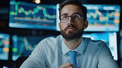 Obraz premium Focused financial analyst in glasses and tie observing stock market data on multiple monitors, analyzing trends in a professional trading setup.