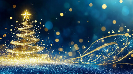 Glowing golden Christmas tree with sparkling glitter effect on a soft abstract blue background filled with starry sky and bokeh lights, representing a festive holiday scene perfect for New Year’s cele