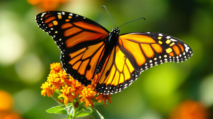 Fototapeta premium A delicate butterfly resting on a flower, wings open in peace, radiating natural beauty and grace.