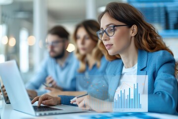 Professional businesswoman in glasses analyzing financial data on a laptop, with charts overlayed, as team members collaborate in the background.