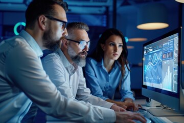 Group of business analysts working together, studying financial graphs and data on a computer screen in a dark office setting, illustrating teamwork and strategy.