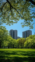 Lush green park with tall buildings in the background, viewed from under a tree canopy.