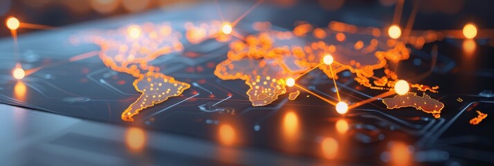 Digital world map showing bright connection points and lines linking different regions, symbolizing global connectivity and communication.