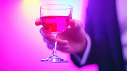 Elegant hand holding vibrant pink cocktail glass against colorful backlit setting.