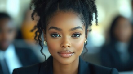 dynamic business meeting scene showcasing a diverse group of professionals, highlighting a young african american woman actively engaging in a job interview with confident body language