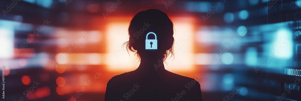 Poster a person stands silhouetted in front of a digital backdrop featuring a lock symbol, emphasizing the 