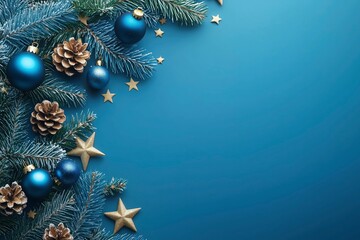 Christmas background with blue and gold decorations, stars, and pine branches on a blue backdrop