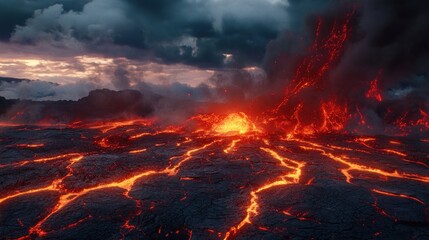 Volcanic Eruption with Fiery Lava Flow