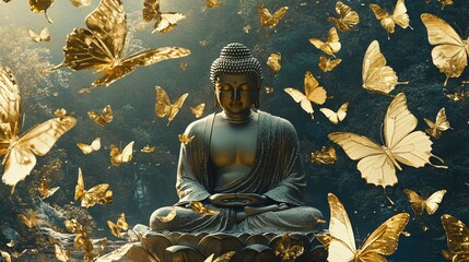 Buddha in Meditation with Golden Butterflies