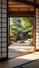 Peaceful Japanese garden scenery with traditional elements and lush greenery