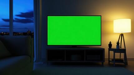 Fototapeta premium A green screen television is on a stand in a living room