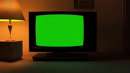 A green screen television is on in a dimly lit room