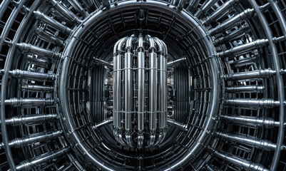 Fototapeta premium A view of the inside of a nuclear reactor, featuring a complex network of pipes and tubes