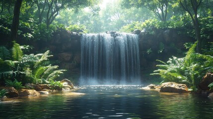 Serene waterfall cascading into a tranquil pool surrounded by lush greenery.